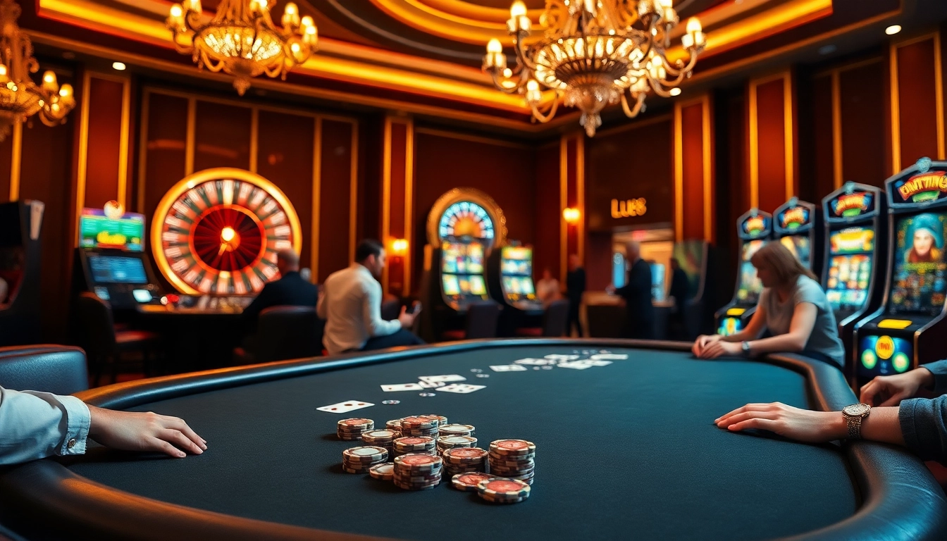 Gambling action at lu88 with poker chips and cards on a luxurious casino table.