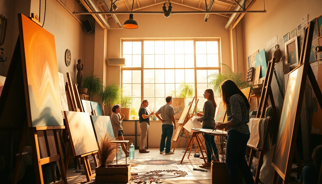 Escena de colaboración artística inspirada en antidogma.mx que muestra artistas diversos y creatividad vibrante.