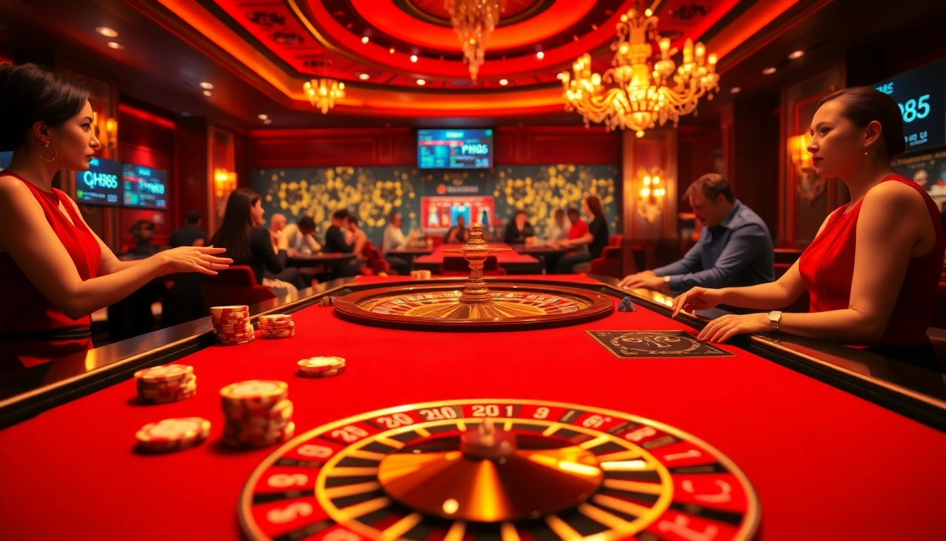 Players engaging at the QH88 casino table, surrounded by vibrant gaming elements and luxury decor.