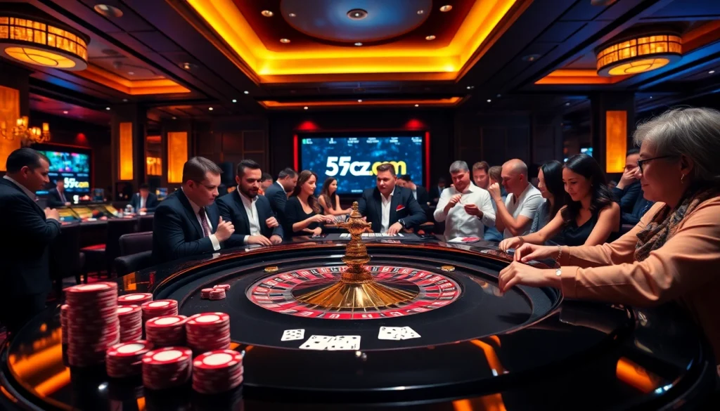 Players engaging with a roulette table at 5Z7779 com casino, showcasing excitement and luxury.