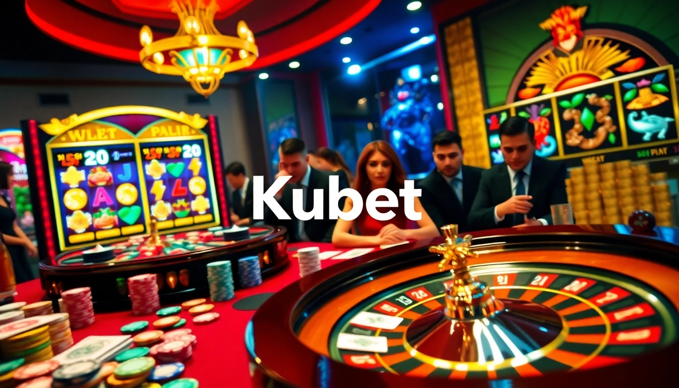 Kubet gaming scene with poker chips, roulette wheel, and diverse players at a luxurious casino table.