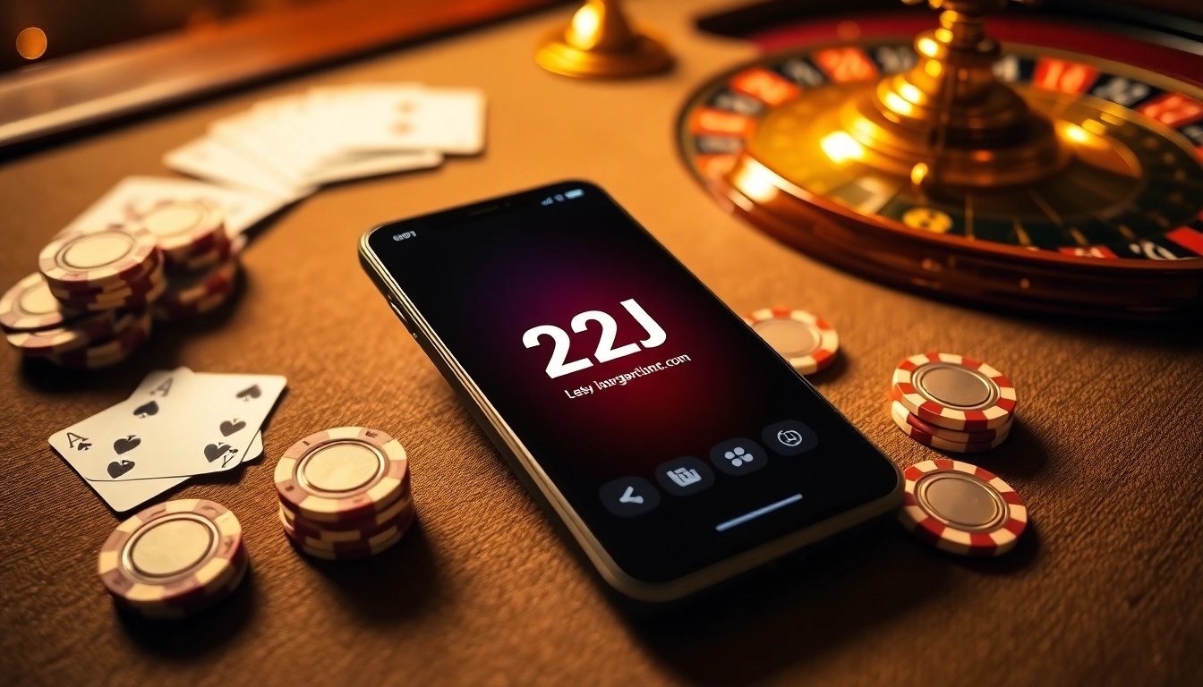 The 22JL app interface displayed on a smartphone among casino elements, inviting users to the gaming experience.