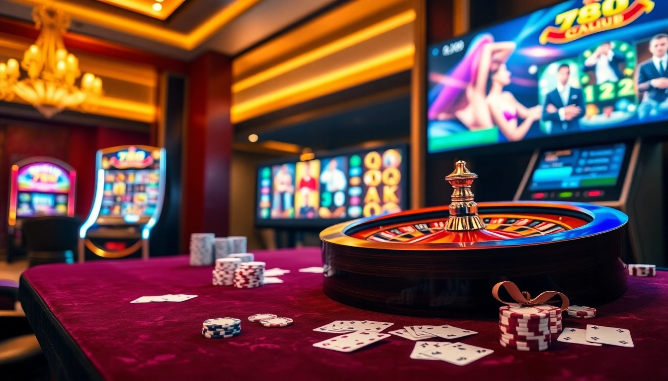 Experience the excitement of 789CLUB with vibrant casino elements including roulette and slot machines.