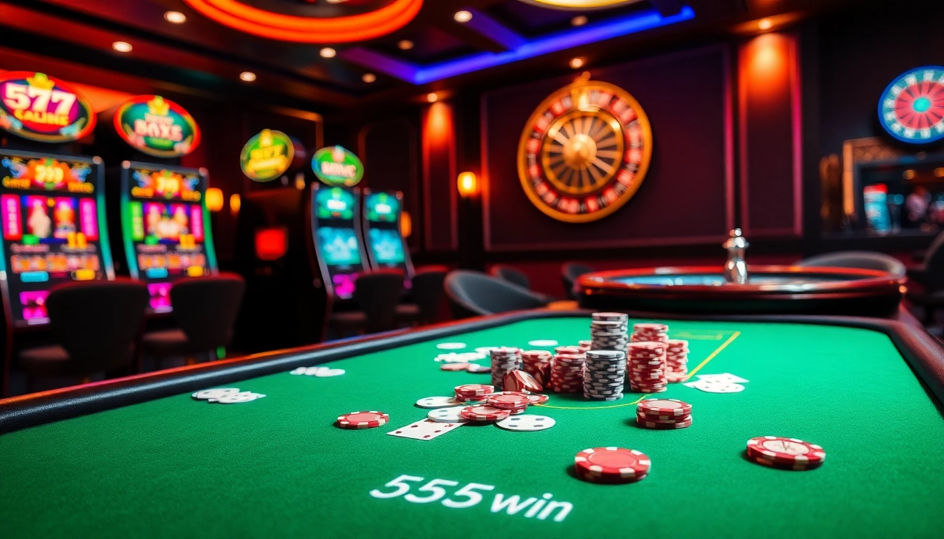 Experience the excitement at 555 win casino tables filled with poker chips and cards.