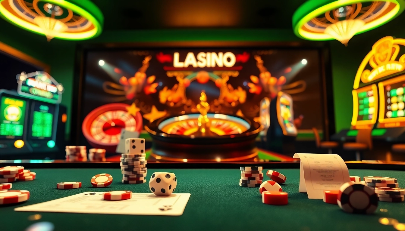 Experience excitement at https://luckywin.name with vibrant casino elements like poker chips and roulette tables.