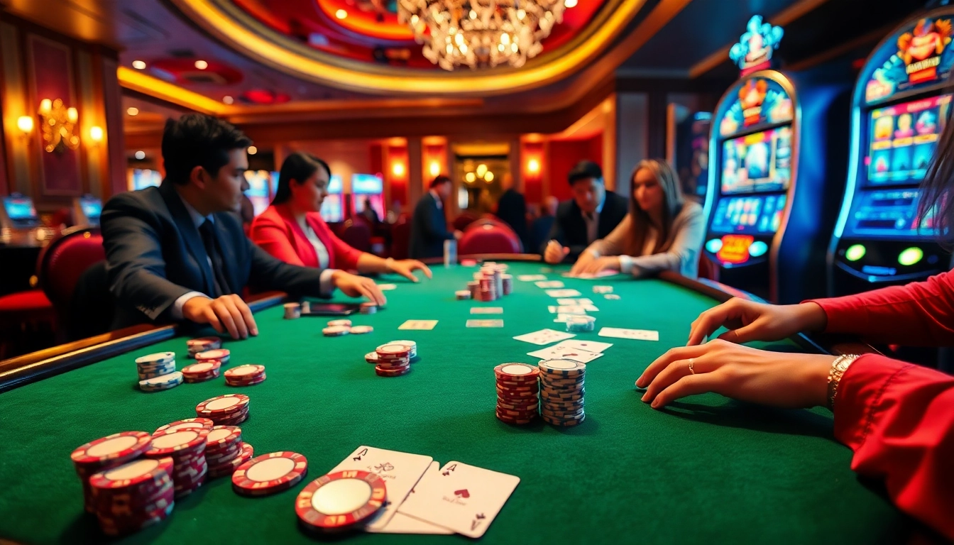 NK88 casino scene featuring thrilling poker action and vibrant slot machines, immersing players in an exciting gaming experience.