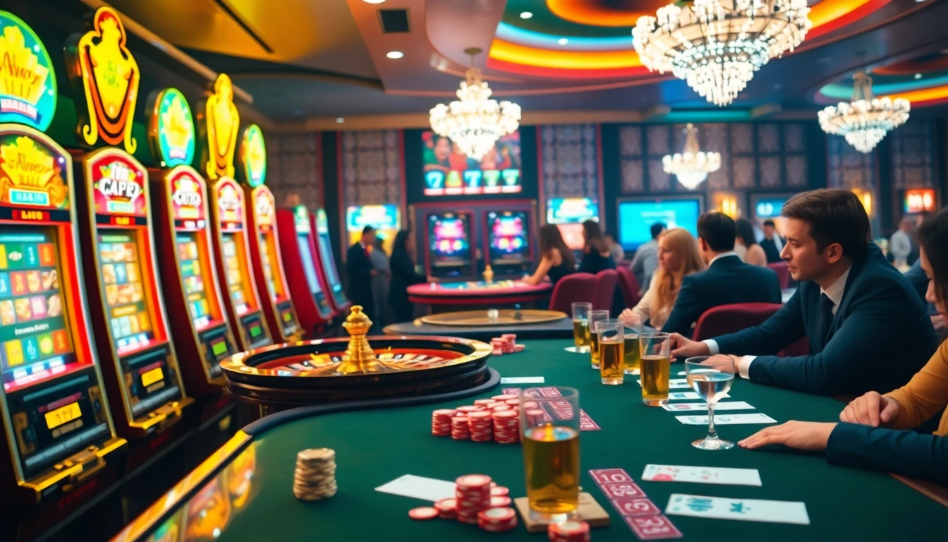 Players enjoying thrilling games at http://k88.blue.com/ casino, showcasing vibrant slot machines and roulette.