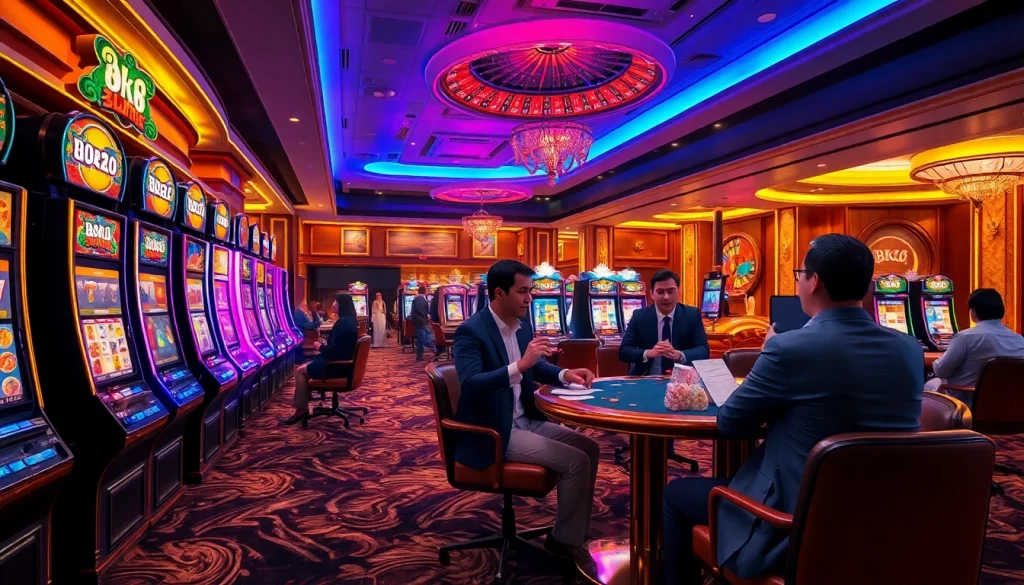 Excited players enjoying bk8 สล็อต at a luxurious casino with vibrant slot machines and betting slips.