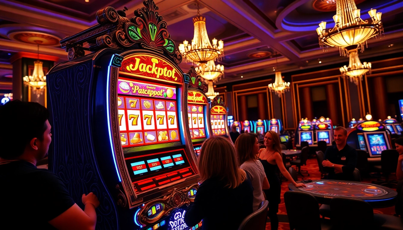 Players engaging with a vibrant slot machine, celebrating wins in a luxurious casino environment.