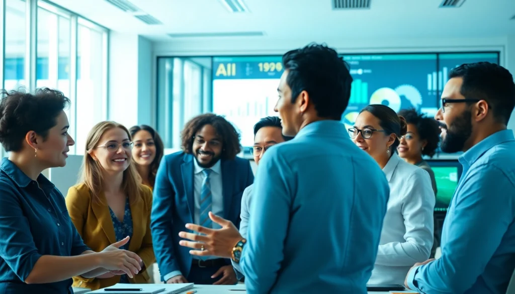 Consultants discussing SME AI consulting services strategy in a modern office environment.