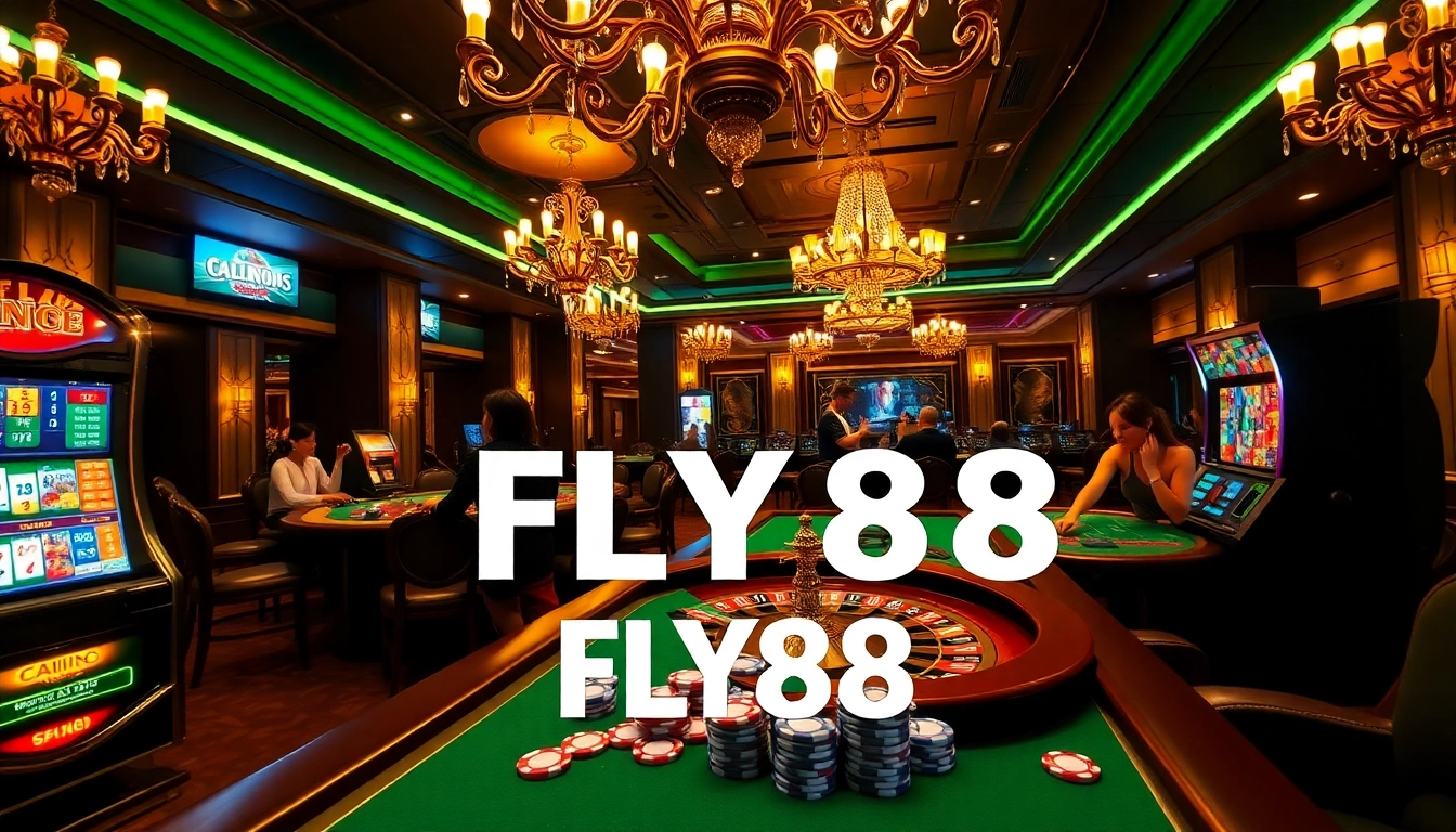 Experience thrilling gambling action with FLY88 branded chips at a luxury casino table.