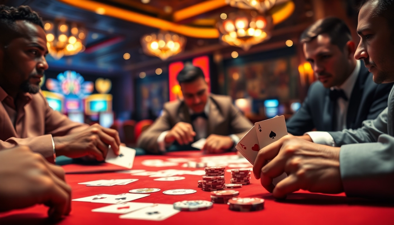 에볼루션 바카라 테이블에서 긴장된 플레이어들이 카드와 칩으로 게임하는 모습