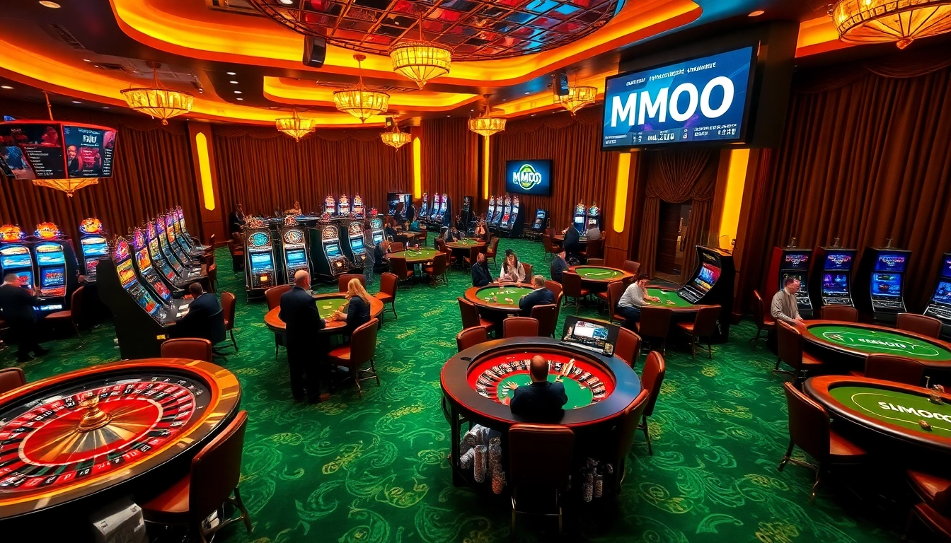 Excited gamblers enjoying a lively casino scene with the keyword MMOO highlighted.