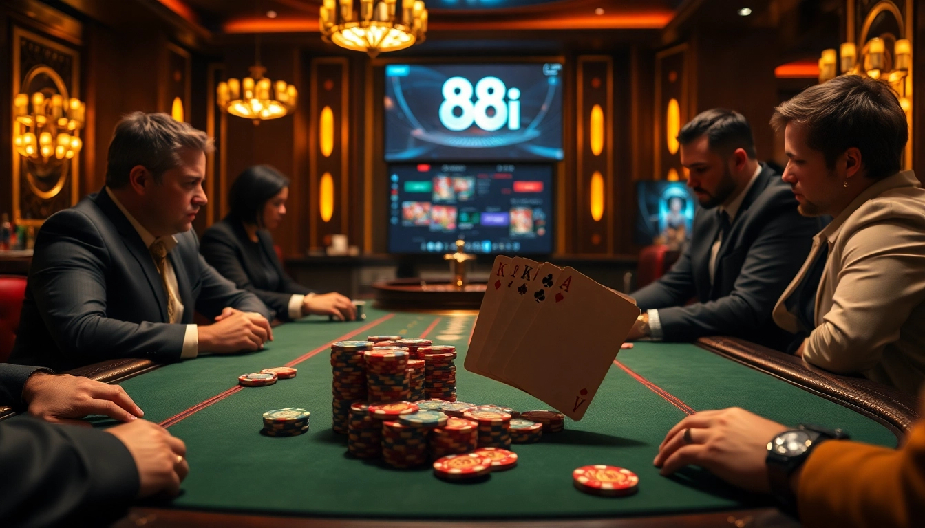 High-stakes poker action at a luxurious casino setting, featuring 88i branding.