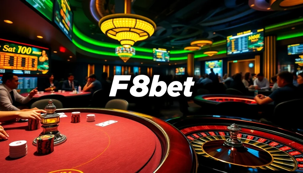 Experience the thrill of F8bet with players at a poker table surrounded by casino excitement.
