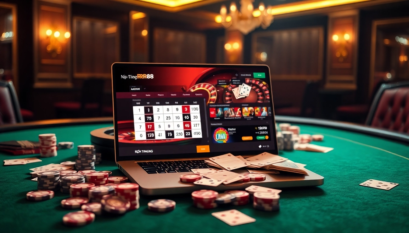 Nền Tảng RR88 showcasing an exciting online casino scene with poker chips and a roulette wheel.