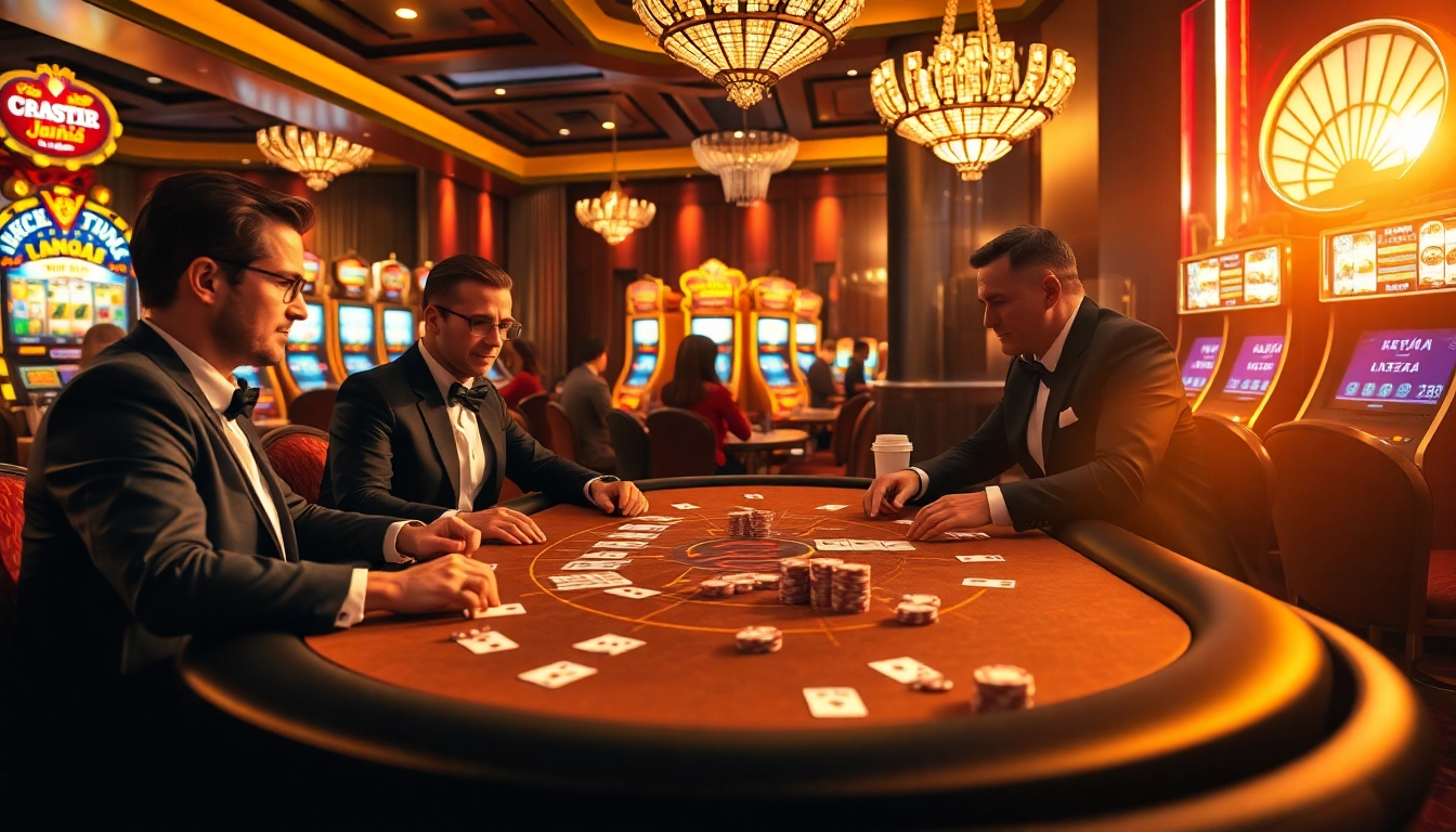 Excited gamblers playing high-stakes poker at a luxurious casino table themed around jagoan86.
