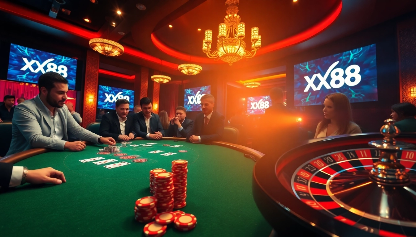 Players enjoying poker at a luxurious casino table with XX88 branding.