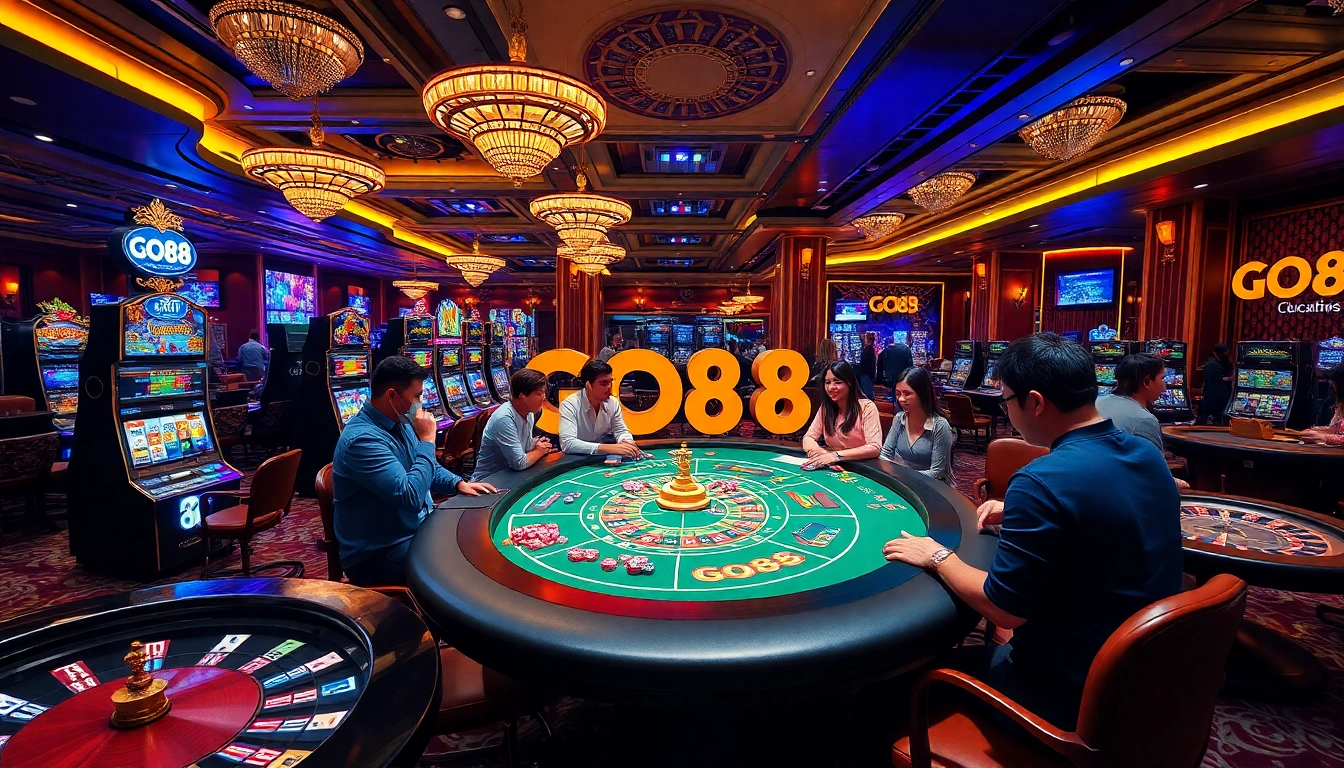GO88 players engaged in thrilling casino games at a luxurious venue.