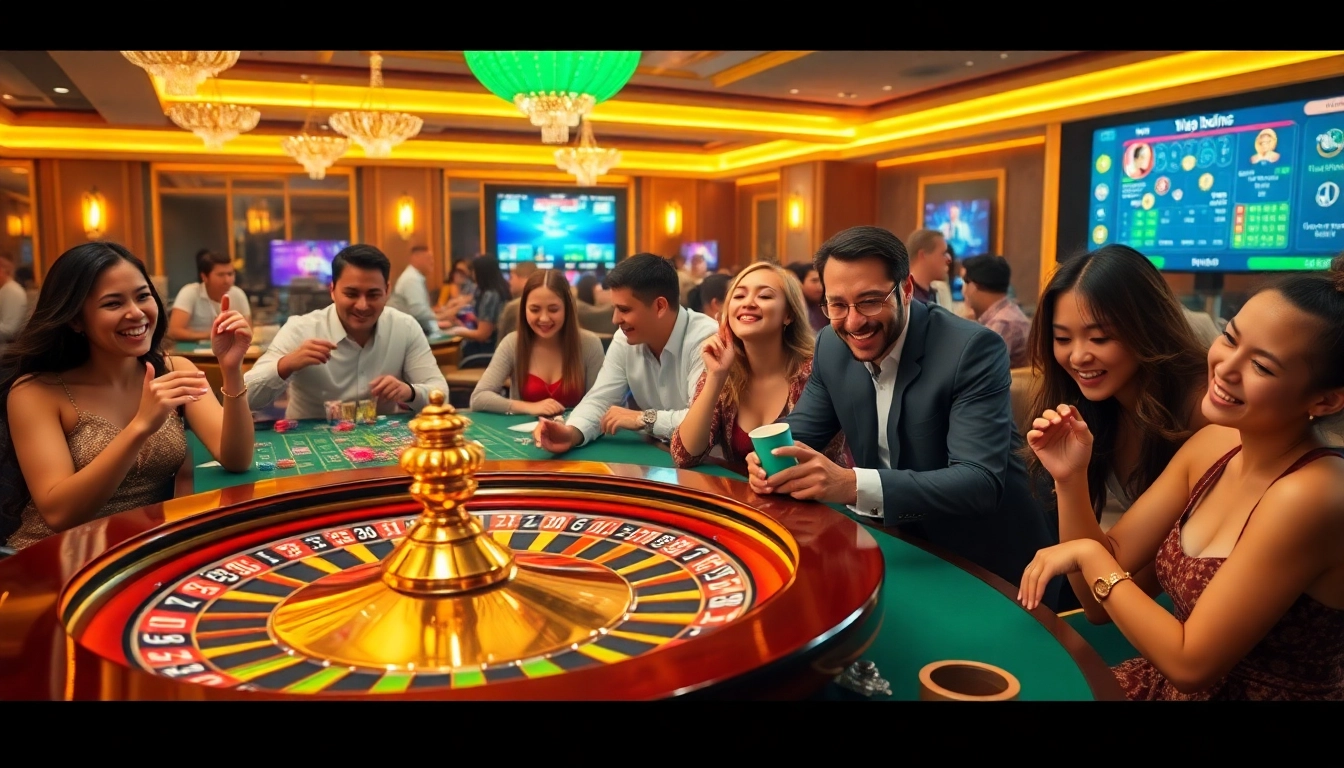 Gambling excitement at king33.io, with players engaging around poker tables and roulette wheels.
