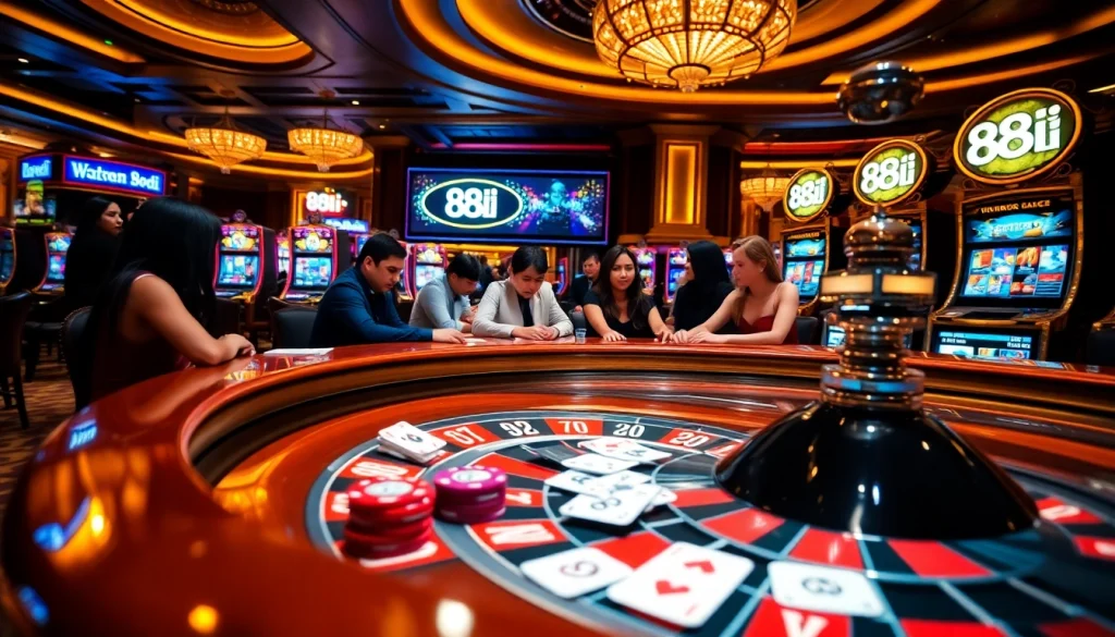 Exciting scene of players at 88i roulette table, poker chips and cards in action.