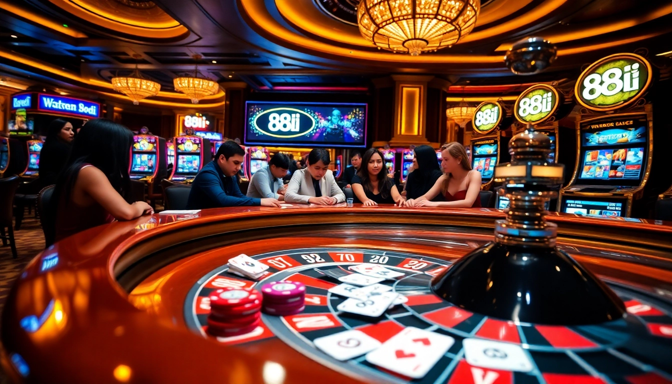 Exciting scene of players at 88i roulette table, poker chips and cards in action.