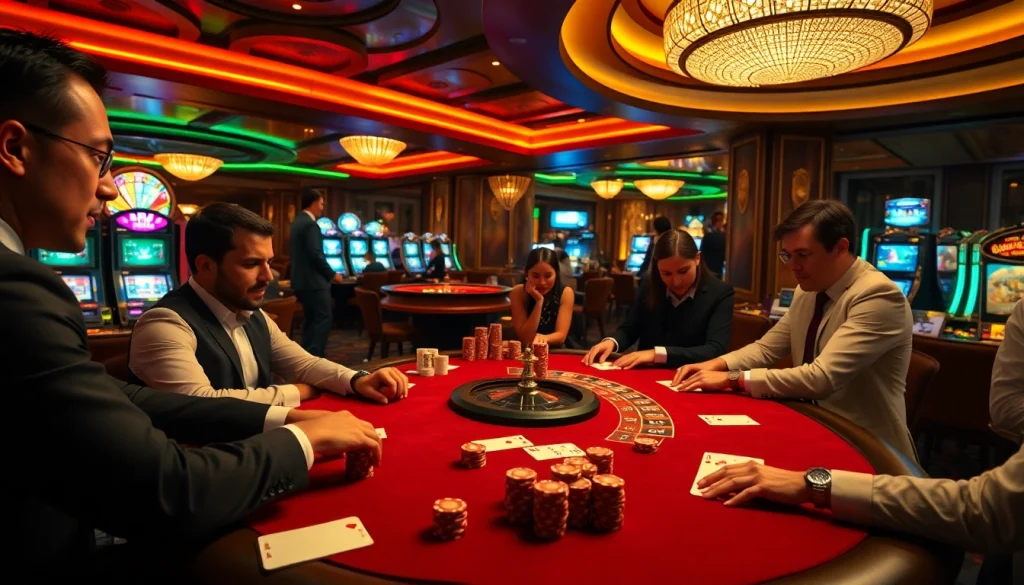 Players enjoying high-stakes poker at hay 88's luxurious casino table with vibrant chips.