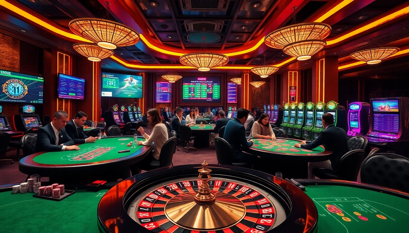 Experience the excitement at KK55 casino, showcasing vibrant gaming tables and glowing slot machines.