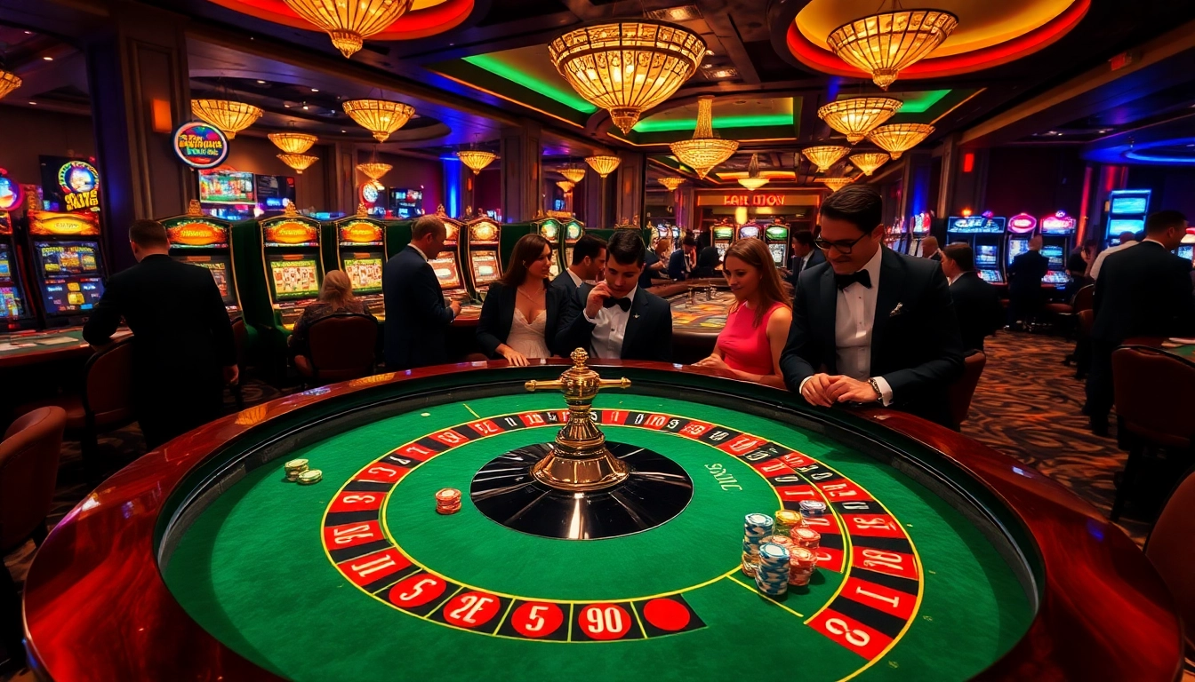 SODO casino scene featuring players at a roulette table and vibrant slot machines, radiating excitement.