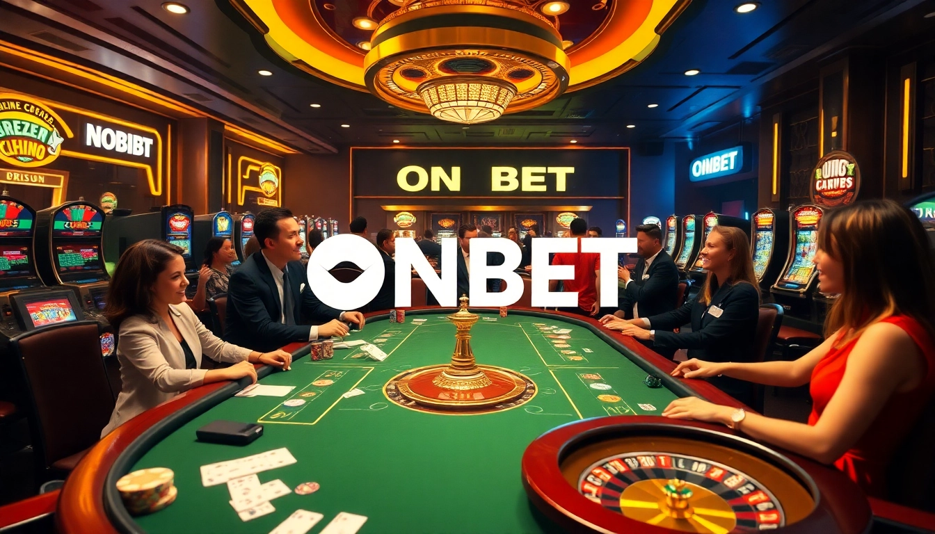 Experience thrilling gambling action at ONBET's luxurious casino table with players and dealers.
