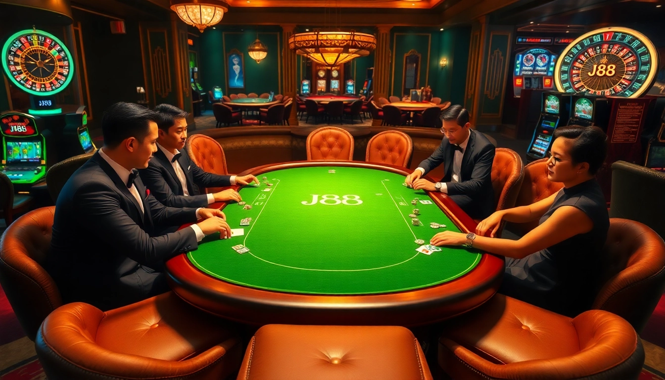 Engage in a thrilling J88 poker game at a luxurious casino table surrounded by vibrant chips.