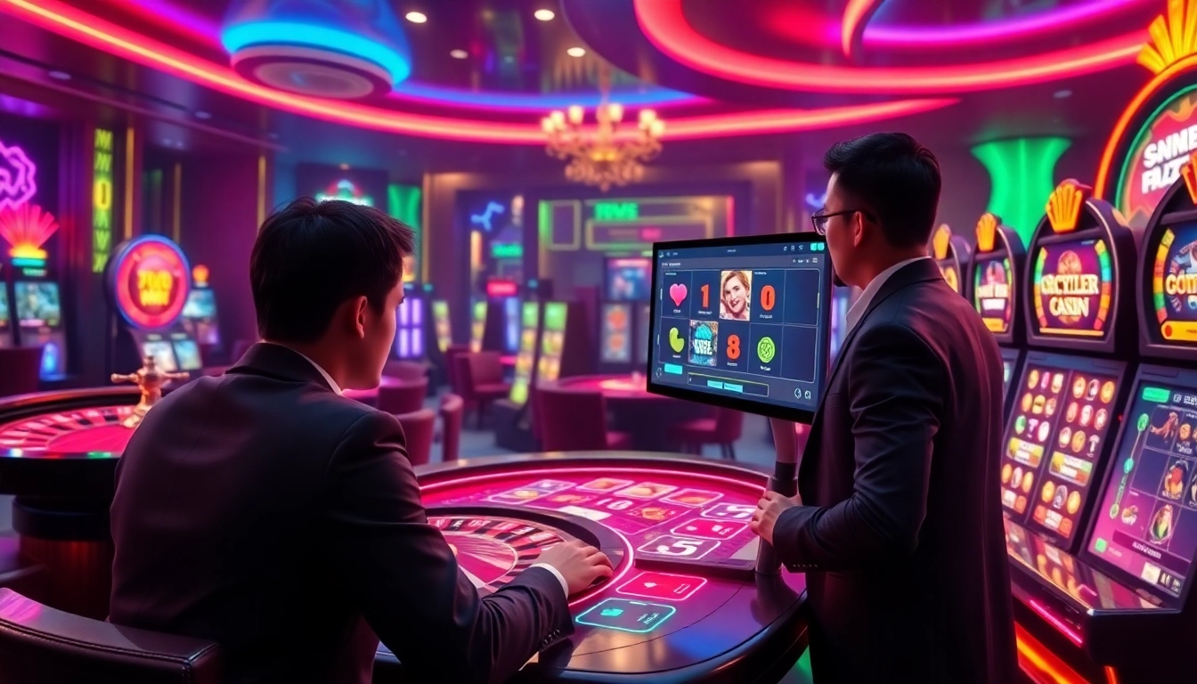 Engaging in bắn cá đổi thưởng gameplay within a luxurious casino setting filled with neon lights and excitement.