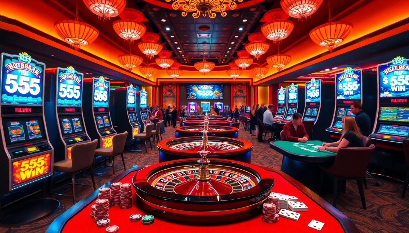 Capture the excitement of winning with the vibrant 555 win casino scene filled with slot machines and poker tables.