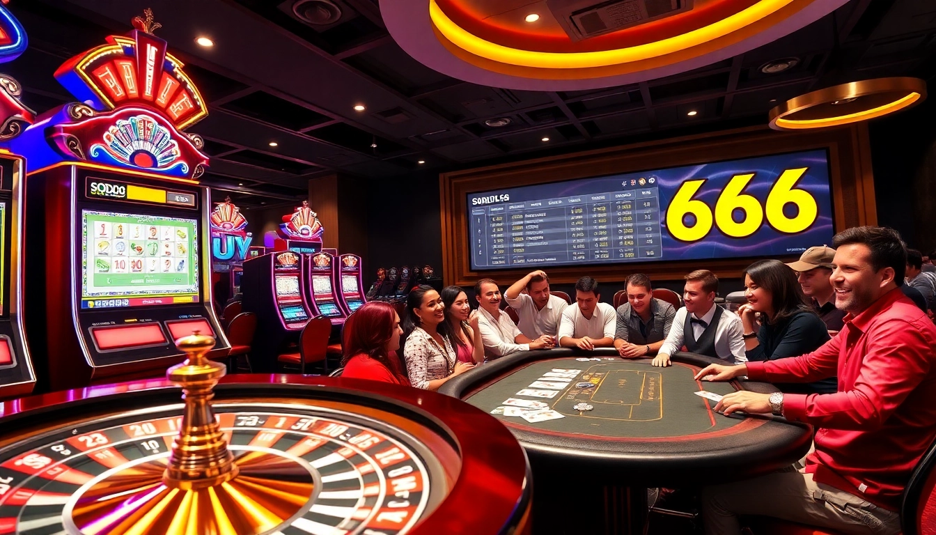 SODO66 players enjoying an exciting casino experience with vibrant slot machines and roulette.