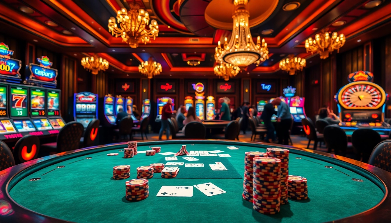 Experience fun79 excitement at a professional poker table surrounded by casino action.