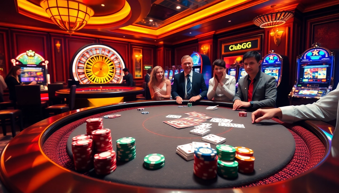 Players engaging in a thrilling game of poker at ClubGG, showcasing chips and cards in a luxurious casino setting.