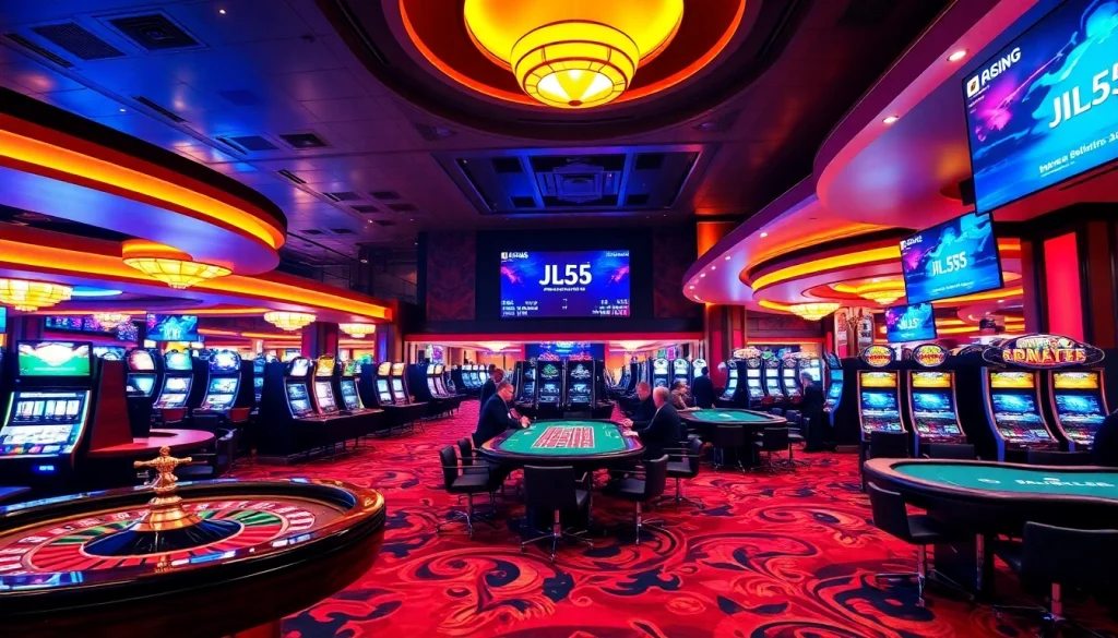 Experience JL55 gaming action with vibrant casino tables, engaged players, and dynamic atmosphere.