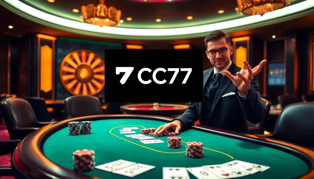 Experience thrilling gameplay at 7C77 Casino, featuring poker chips and a gorgeous roulette wheel.