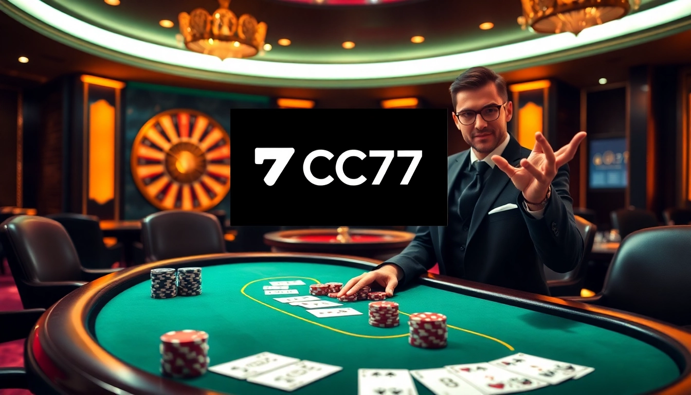 Experience thrilling gameplay at 7C77 Casino, featuring poker chips and a gorgeous roulette wheel.