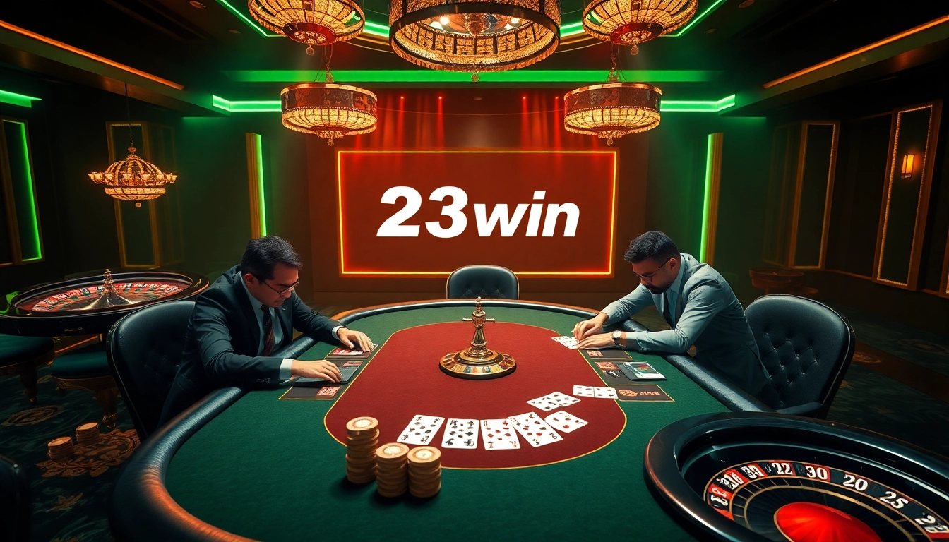 Enjoying a high-stakes game at 23win's luxurious poker table surrounded by vibrant casino elements.