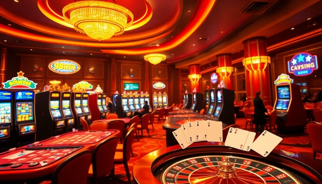 Exciting gambling scene at 98win showcasing vibrant casino tables and slot machines.