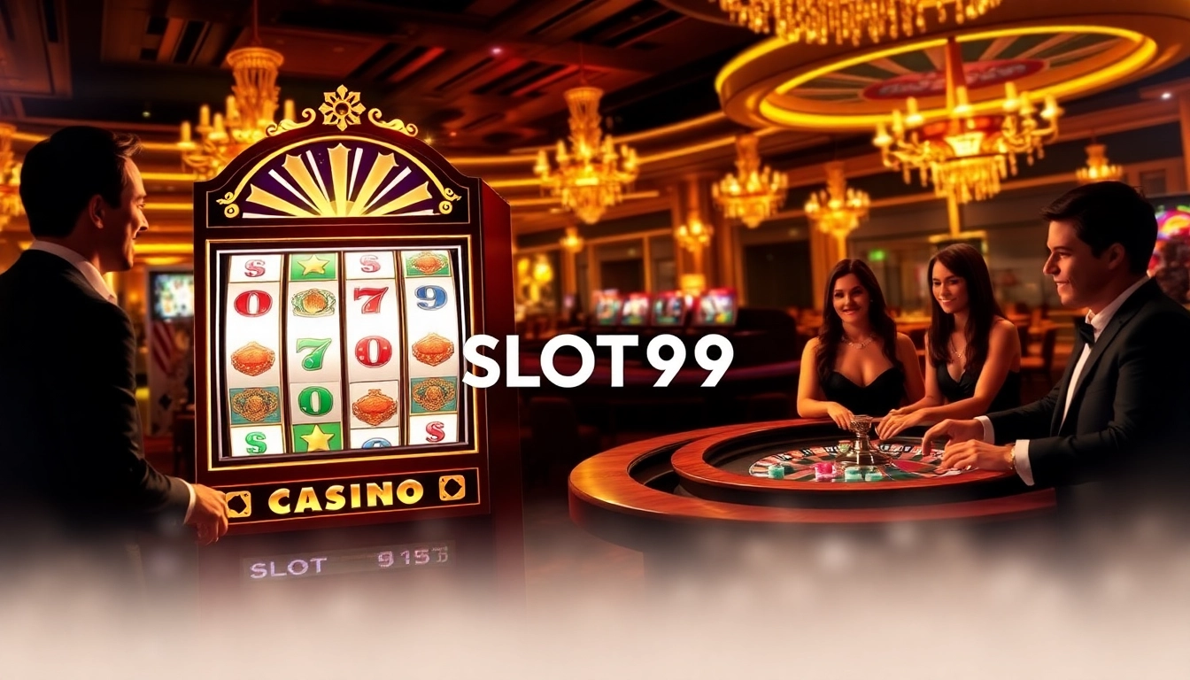 SLOT99 gambling excitement with players at vibrant slot machines in a luxurious casino setting.