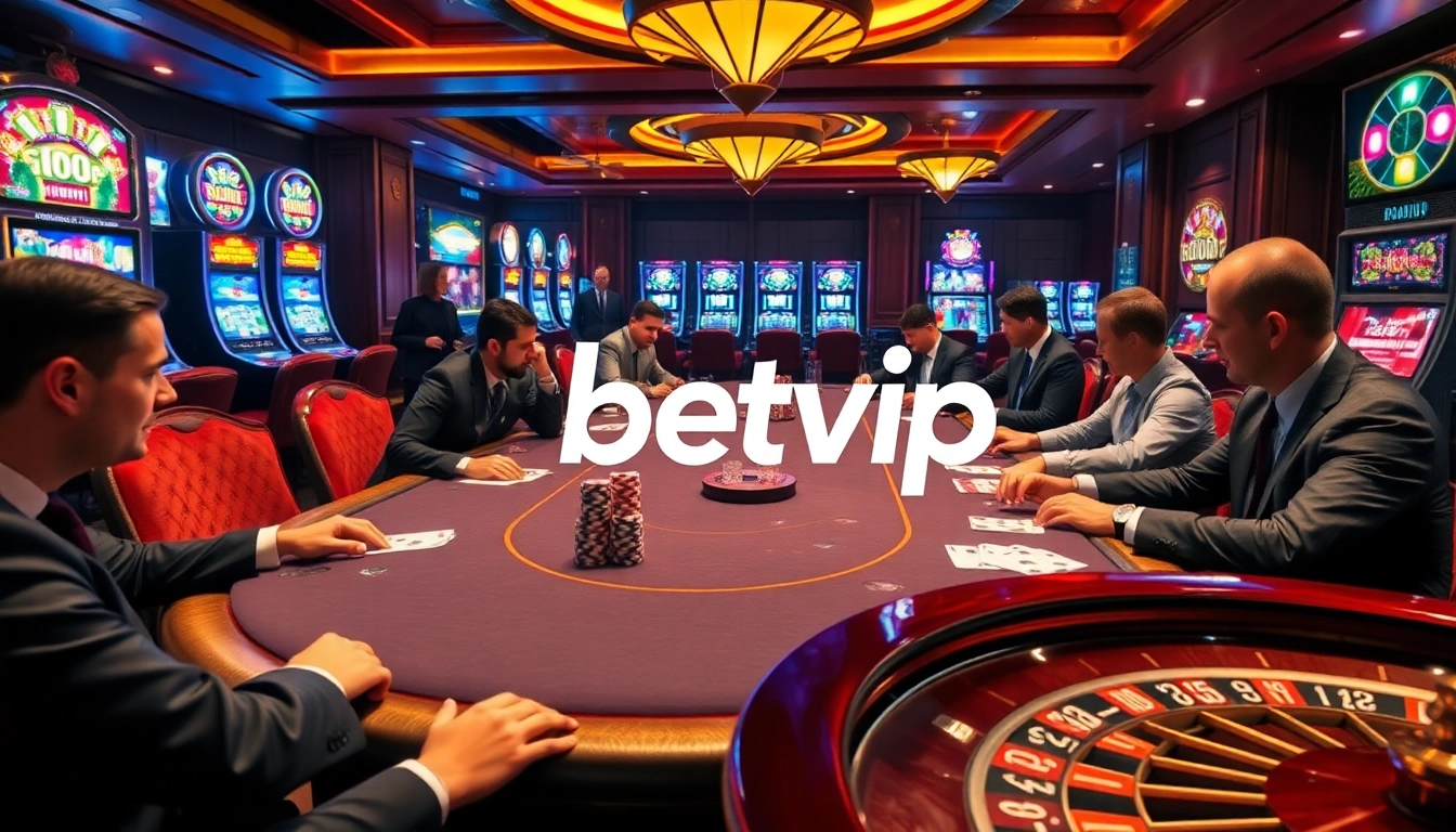 Hành động poker cược cao tại một casino sang trọng, có chip mang thương hiệu BetVIP và máy đánh bạc đầy màu sắc.