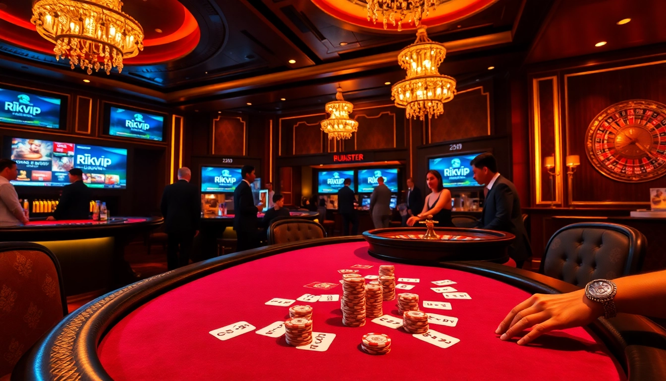 Rikvip gaming experience featuring poker chips and cards on a luxurious table.