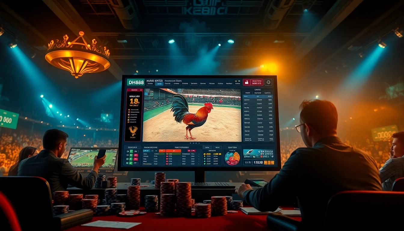 Betting on Đá gà DH88 with a high-tech interface featuring live streaming and dynamic graphics.