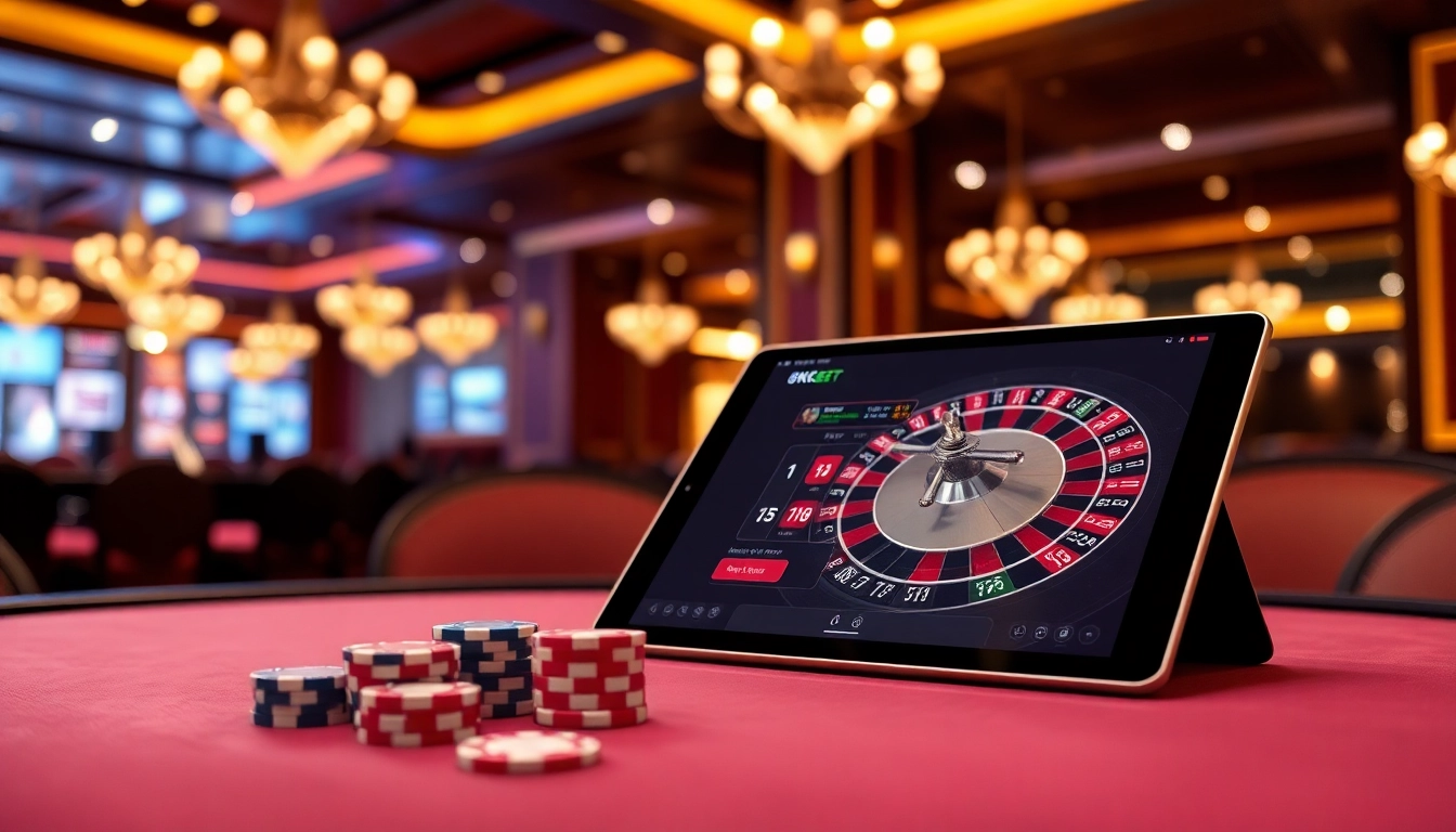 8KBET online gambling interface set on a luxurious casino table with poker chips and roulette wheel.