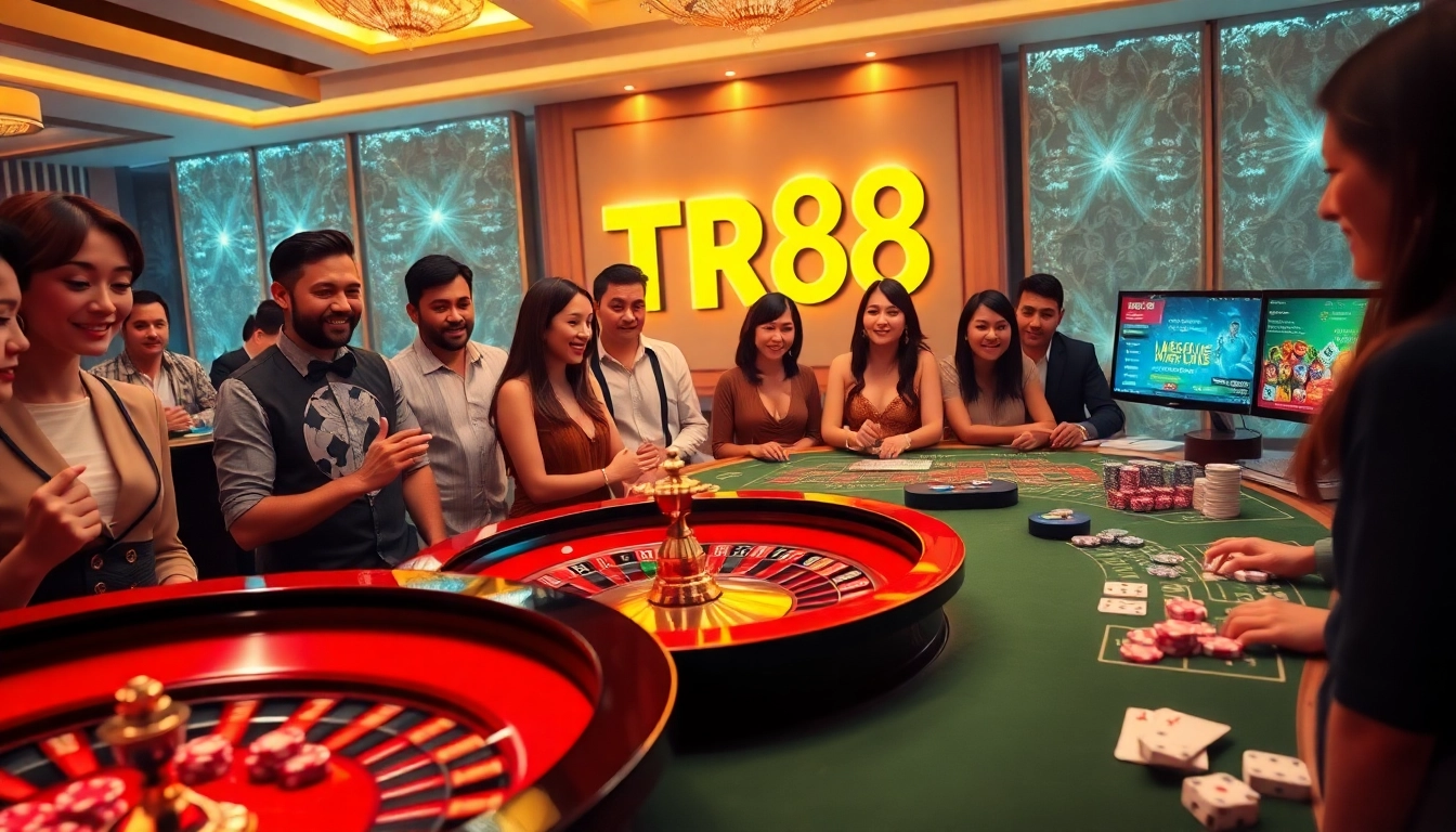 Engaging TR88 online casino scene with vibrant tables and excited players in a luxurious setting.