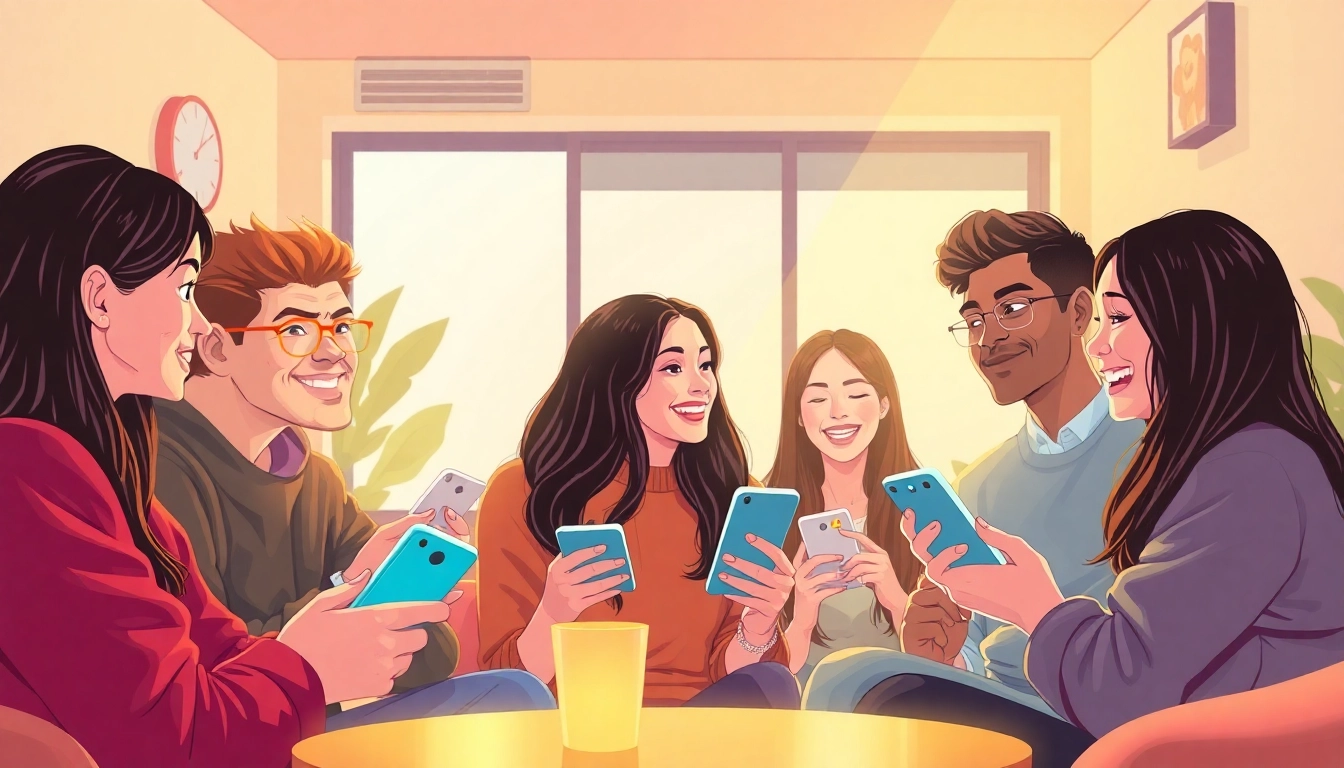 تصوير رقمي ديناميكي لغرفة دردشة شات فله يتفاعل فيها شباب وشابات من خلفيات متنوعة عبر الإنترنت.