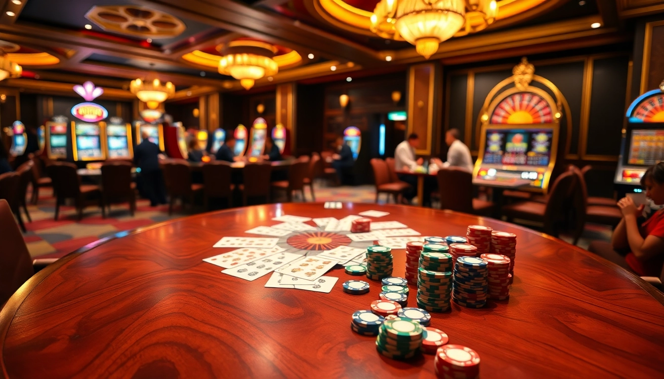 Exciting card game scene showcasing game bài đổi thưởng with poker chips and cards in a luxurious casino.