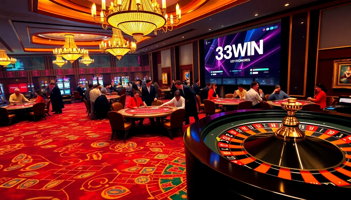 33WIN players enjoying poker and roulette in a vibrant casino atmosphere.